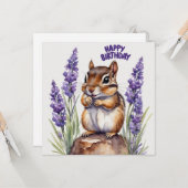 Happy Birthday Chipmunk mit Lavender Blume Karte (Vorderseite/Rückseite Beispiel)