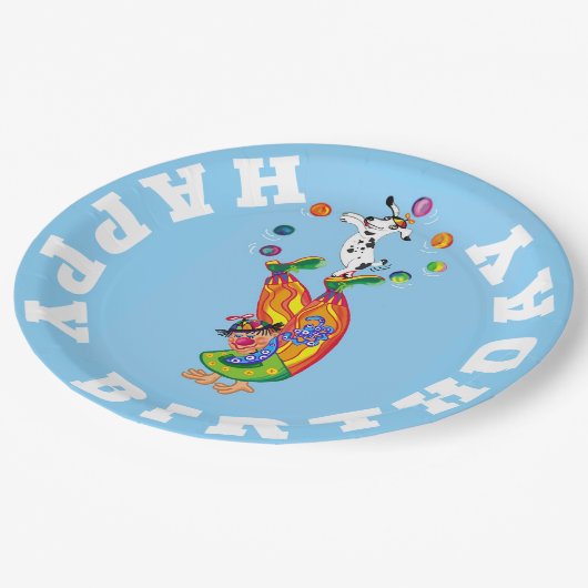 Happy Birthday Clown und Hundejongleur Pappteller (Schrägansicht)