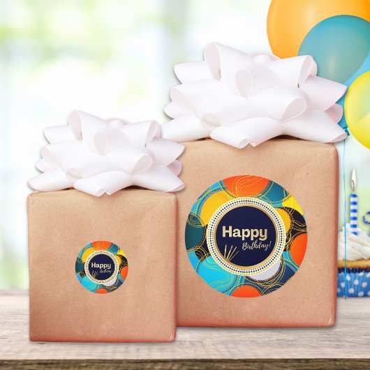 Happy Birthday Colorful 80's Retro Abstrakt Blue Runder Aufkleber