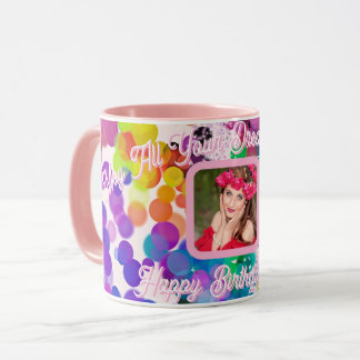 Happy Birthday Colorful Bokeh Bubbles Pink Foto Tasse