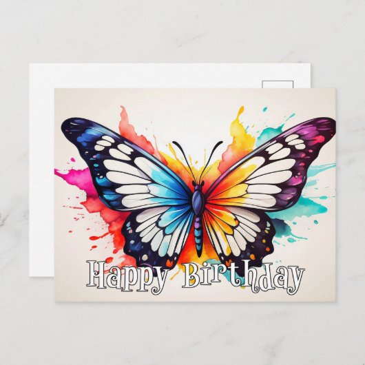 Happy Birthday Colorful Butterfly Wasserfarben Kun Postkarte (Vorne/Hinten)