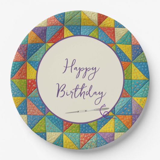 Happy Birthday Colorful Pinwheel Quilt Pattern Pappteller (Vorderseite)