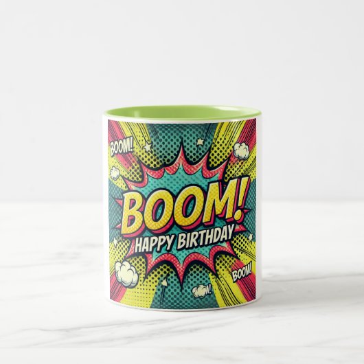 Happy Birthday Comic Book Boom Zweifarbige Tasse (Mittel)