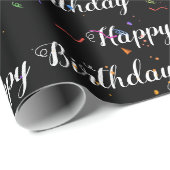 Happy Birthday Confetti auf schwarz Geschenkpapier (Rolleneckpunkt)