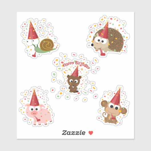 Happy Birthday Confetti Party Tiere Sticker Set (Blatt)