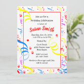 Happy Birthday Confetti Streamer Party Einladung (Stehend Vorderseite)