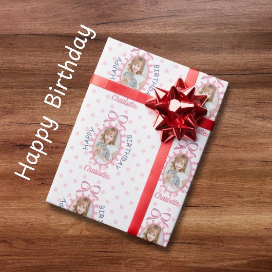 Happy Birthday Coquette Bow Custom Foto Name Geschenkpapier