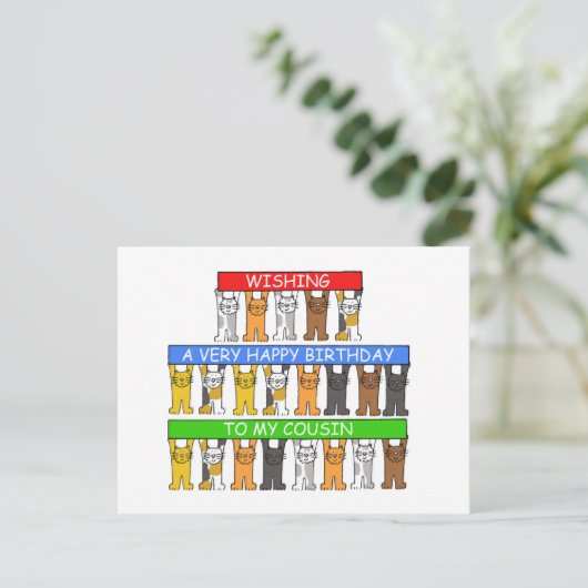 Happy Birthday Cousin Cartoon Katzen Postkarte (Stehend Vorderseite)
