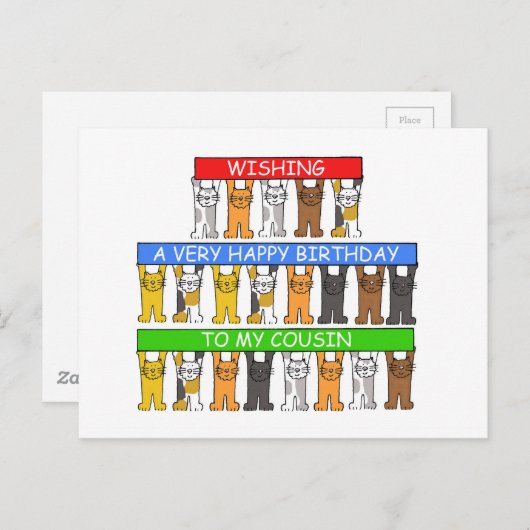 Happy Birthday Cousin Cartoon Katzen Postkarte (Vorne/Hinten)