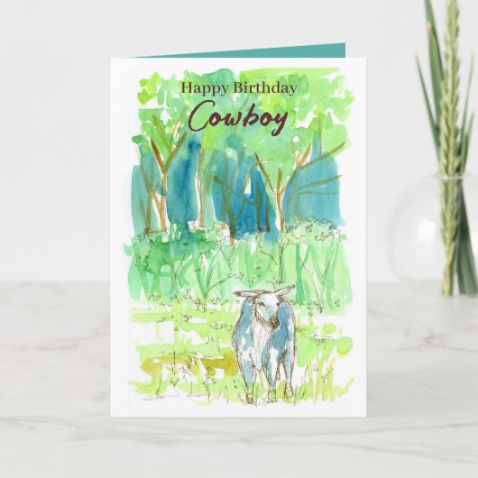 Happy Birthday Cowboy Bull Ranch Weideland Bäume Karte (Vorderseite)