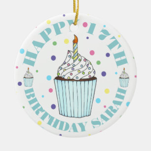 Happy Birthday Cupcake Candle Pastel Polka Dots Keramik Ornament