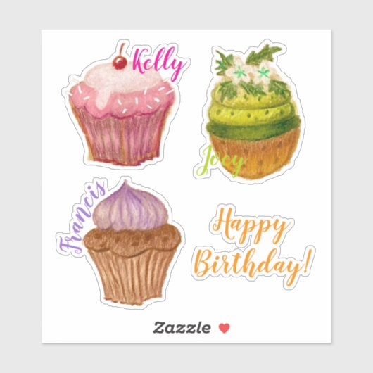 Happy Birthday Cupcake Custom-Cut Vinyl Sticker (Blatt)