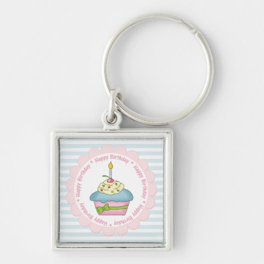 Happy Birthday Cupcakes Blue Streifen mit Rosa Schlüsselanhänger (Vorne)