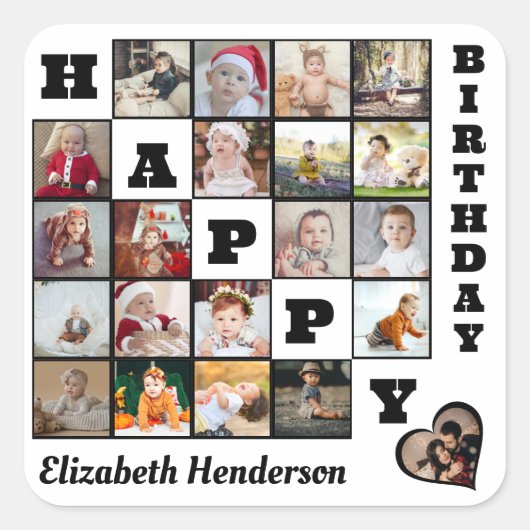 Happy Birthday Custom 21 Foto Collage Geschenk Quadratischer Aufkleber (Vorderseite)