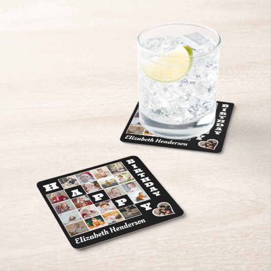 Happy Birthday Custom 21 Foto Collage Geschenk Rechteckiger Pappuntersetzer (Vor Ort)