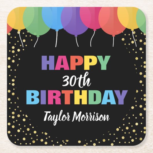 Happy Birthday Custom Age Name Bunte Ballons Rechteckiger Pappuntersetzer (Vorderseite)