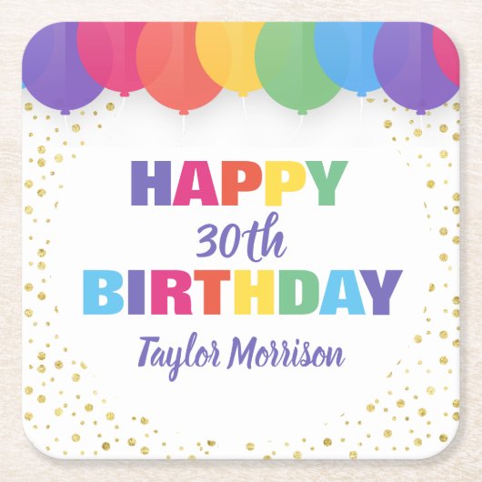 Happy Birthday Custom Age Name Bunte Ballons Rechteckiger Pappuntersetzer (Vorderseite)