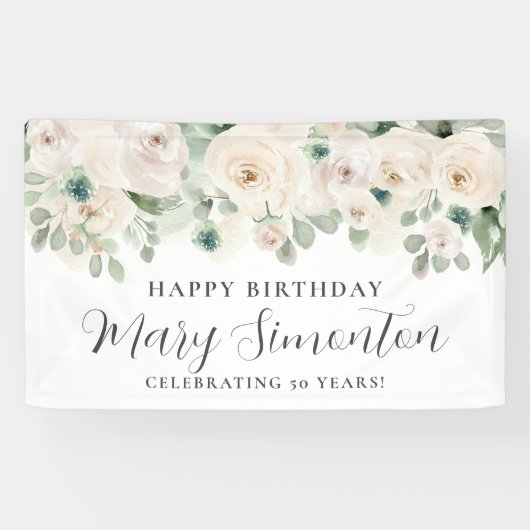 Happy Birthday Custom Banner White Floral 50. (Horizontal)