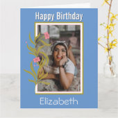 Happy Birthday Custom Foto Blue Border Karte (Gelbe Blume)