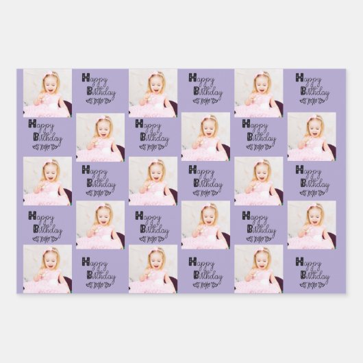 Happy Birthday Custom Foto Pink Lavender Set 3 Geschenkpapier Set (Vorderseite)