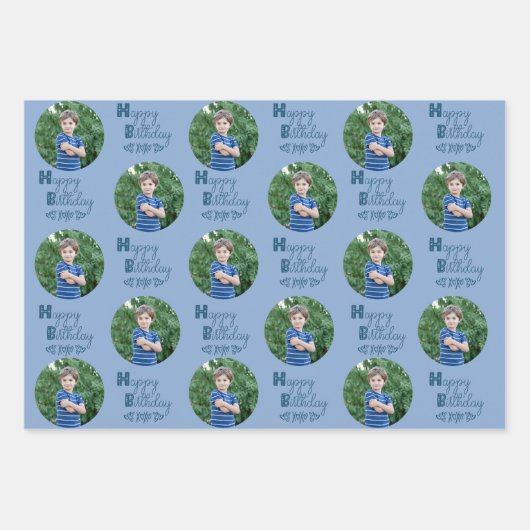 Happy Birthday Custom Foto Set 3 Blue Yellow Geschenkpapier Set (Vorderseite)