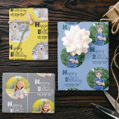 Happy Birthday Custom Foto Set 3 Blue Yellow Geschenkpapier Set