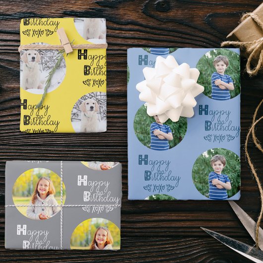 Happy Birthday Custom Foto Set 3 Blue Yellow Geschenkpapier Set