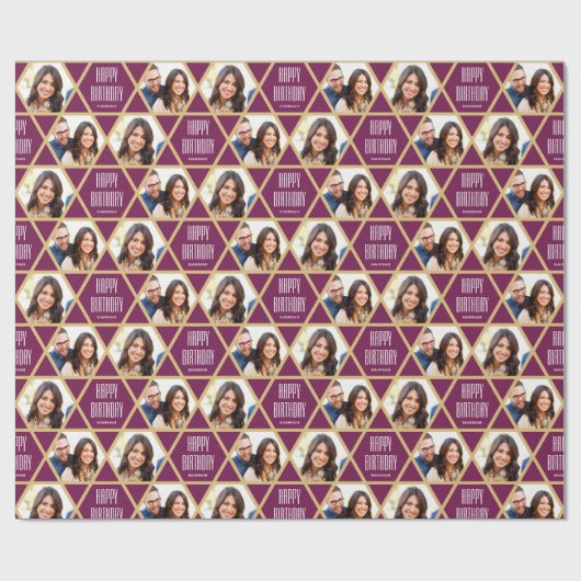 Happy Birthday Custom Foto Star Pattern Plum Geschenkpapier (Flach)