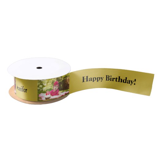 Happy Birthday Custom Foto und Name Gold & Black Satinband (Spule)