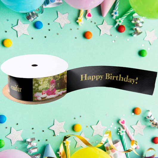 Happy Birthday Custom Foto und Name Gold & Black Satinband