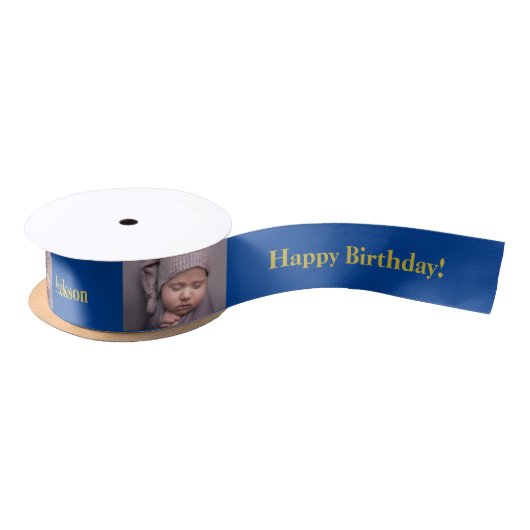 Happy Birthday Custom Foto und Name Gold & Blue Satinband (Spule)