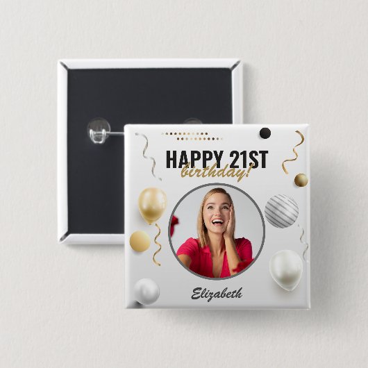 Happy Birthday Custom Modern Foto Gift Button (Vorne & Hinten)