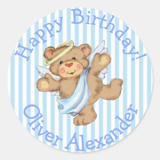 Happy Birthday Custom Teddy Bear Angel Runder Aufkleber (Vorderseite)