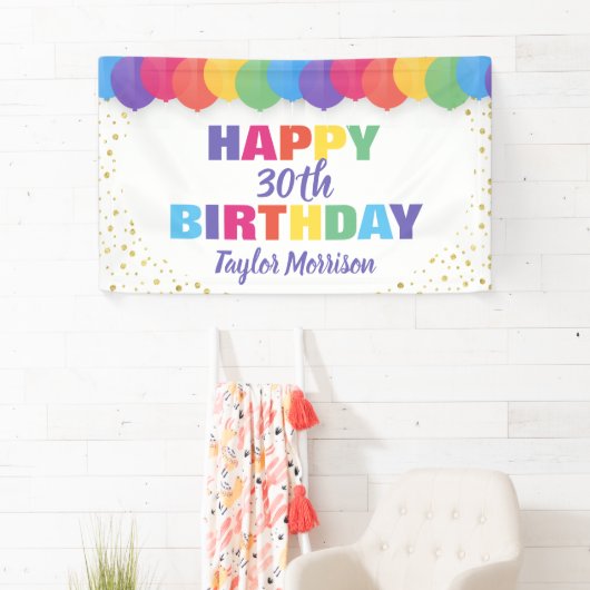 Happy Birthday Custom Year Name farbenfrohe Ballon Banner (Insitu)