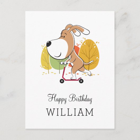 Happy Birthday Cute Funny Dog Puppy Kick Scooter Postkarte (Vorderseite)