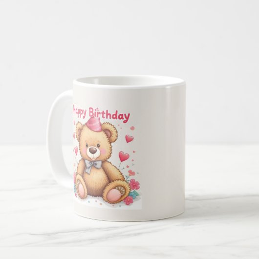 Happy Birthday Cute Teddy Bear with Pink Hearts Kaffeetasse (Vorderseite Links)