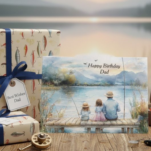 Happy Birthday Dad Fishing with Kids Watercolor Karte
