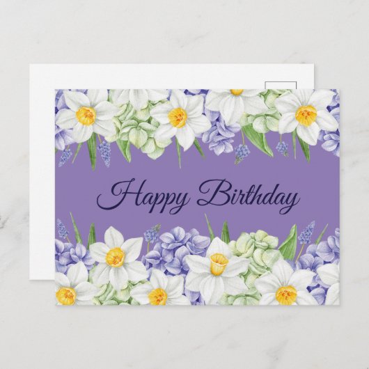 Happy Birthday Daffodil and Hydrangea Blume Postkarte (Vorne/Hinten)