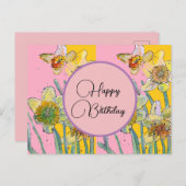 Happy Birthday Daffodil floral Pink Postcard Postkarte (Vorne/Hinten)