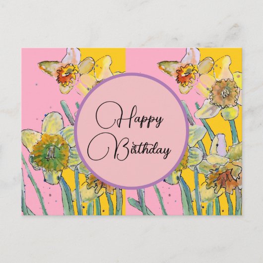 Happy Birthday Daffodil floral Pink Postcard Postkarte (Vorderseite)