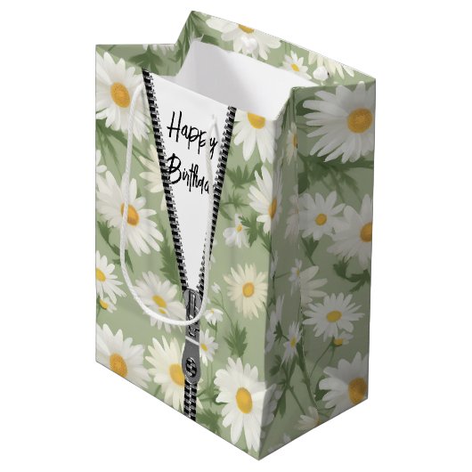 Happy Birthday Daisies mit Zipper Mittlere Geschenktüte (Vorderseite Schrägansicht)