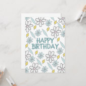 Happy Birthday Daisy Floral Blue Yellow Feminine Karte (Vorderseite/Rückseite Beispiel)