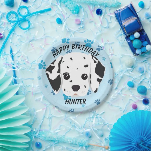 Happy Birthday Dalmatiner Puppy Blue Paw Print Pappteller (Party)