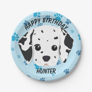 Happy Birthday Dalmatiner Puppy Blue Paw Print Pappteller