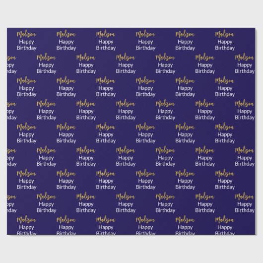 Happy Birthday Dark Blue White Gold Script Name Geschenkpapier (Flach)