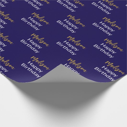 Happy Birthday Dark Blue White Gold Script Name Geschenkpapier (Ecke)
