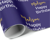 Happy Birthday Dark Blue White Gold Script Name Geschenkpapier (Rolleneckpunkt)