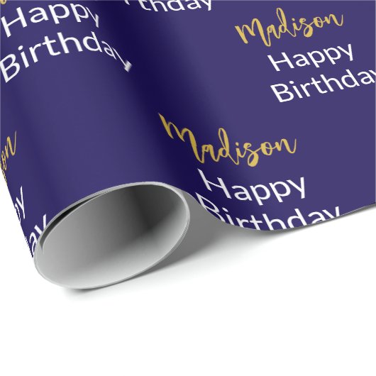 Happy Birthday Dark Blue White Gold Script Name Geschenkpapier (Rolleneckpunkt)