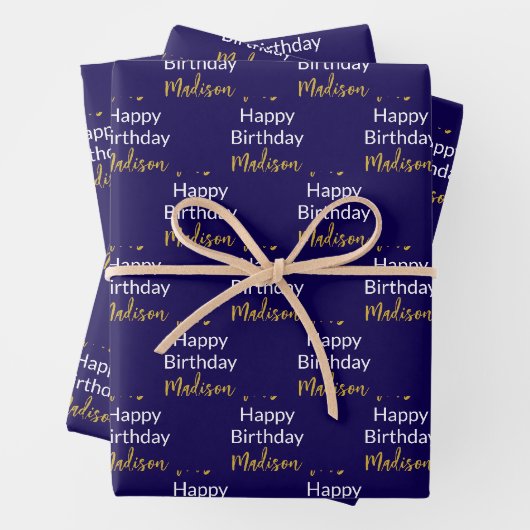 Happy Birthday Dark Blue White Gold Script Name Geschenkpapier Set (Beispiel)
