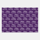 Happy Birthday Dark Lila und White Name Muster Geschenkpapier Set (Vorderseite)
